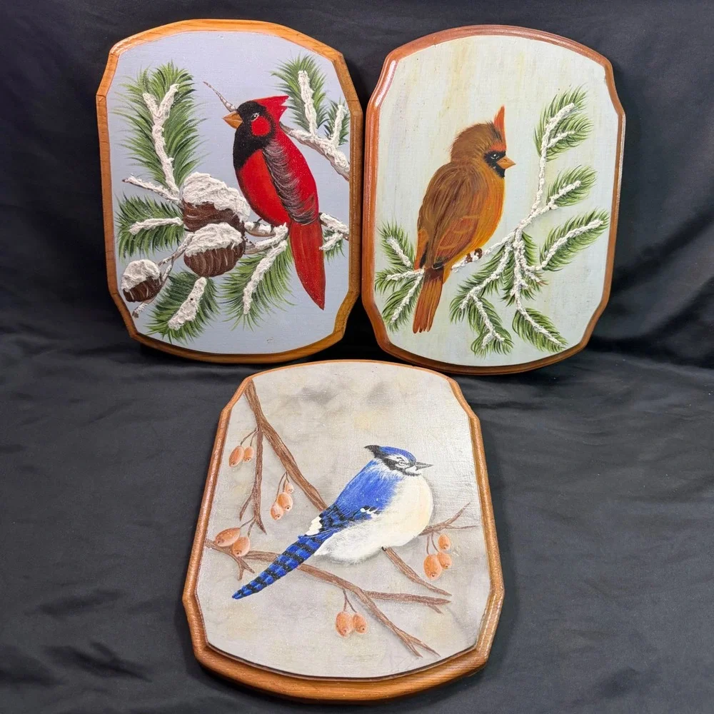Vintage Hand Painted Bird Wood Plaques Set 3 Folk Art